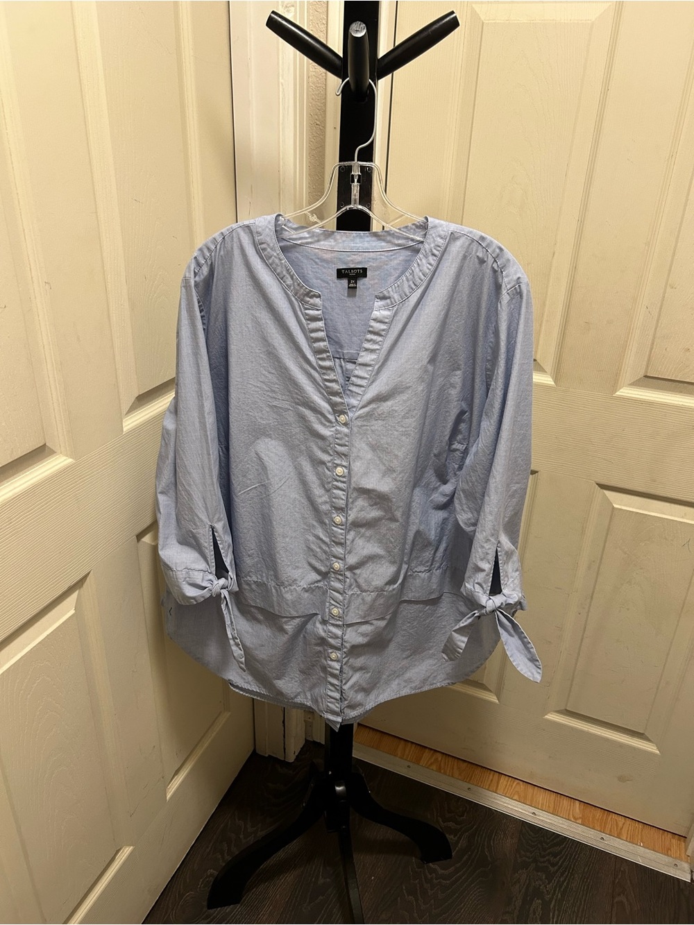 Talbots Blue Cotton Chambray Tunic Blouse Tie Sleeve 2X